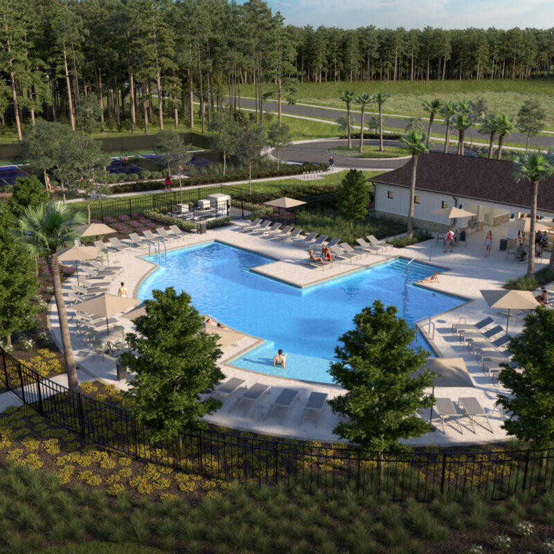 Imagen diurna de la piscina tipo resort de Pasadena Woods, que forma parte de una urbanización de viviendas de nueva construcción cerca de Wesley Chapel, Florida.